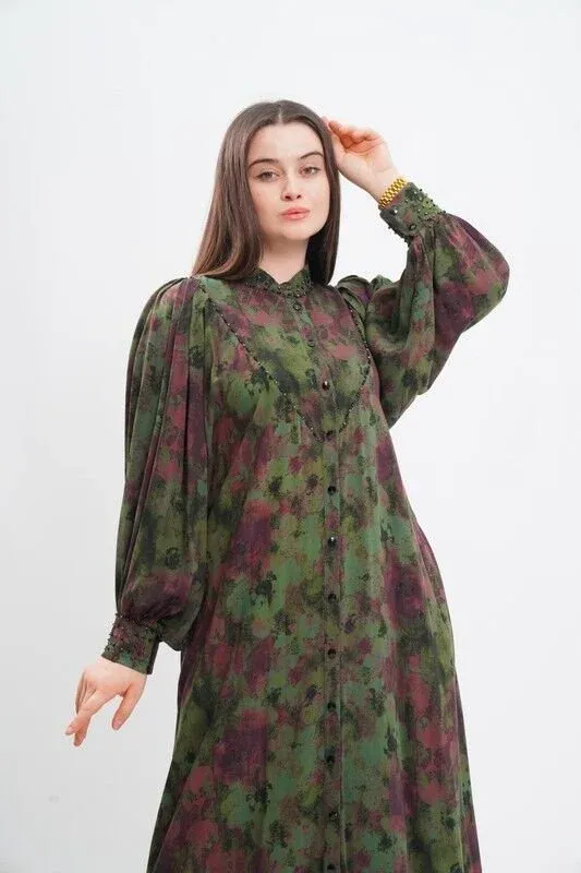 V Robalı Tesettür Elbise Yeşil - 40-48