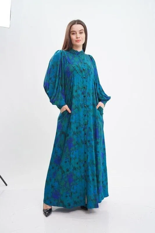 V Robalı Tesettür Elbise Petrol - 40-48