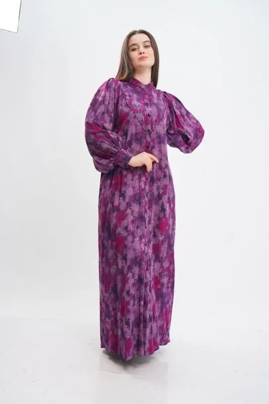 V Robalı Tesettür Elbise Mürdüm - 40-48