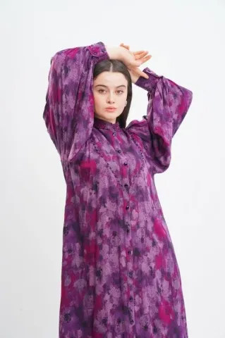 V Robalı Tesettür Elbise Mürdüm - 40-48