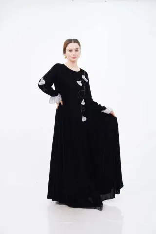 El Yapımı Süslemeli Aplike Elbise Siyah Gri - 40-48