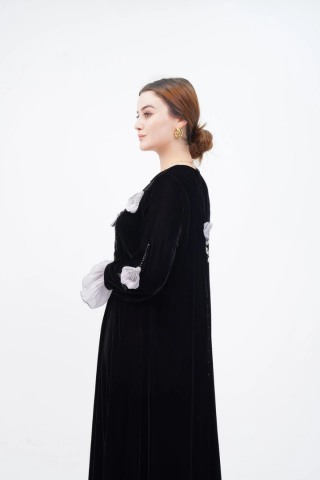 El Yapımı Süslemeli Aplike Elbise Siyah Gri - 40-48