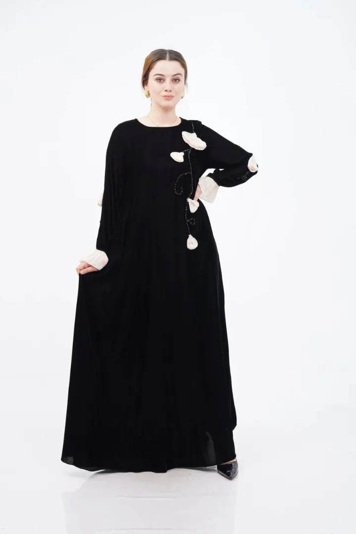 El Yapımı Süslemeli Aplike Elbise Siyah Bej - 40-48