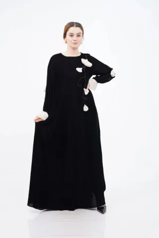 El Yapımı Süslemeli Aplike Elbise Siyah Bej - 40-48