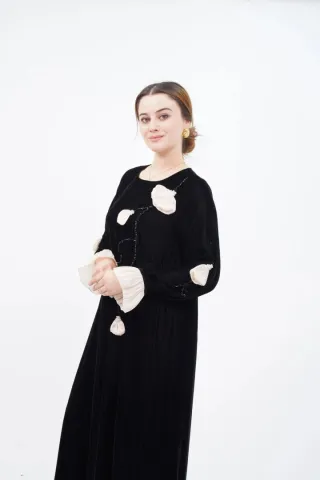 El Yapımı Süslemeli Aplike Elbise Siyah Bej - 40-48