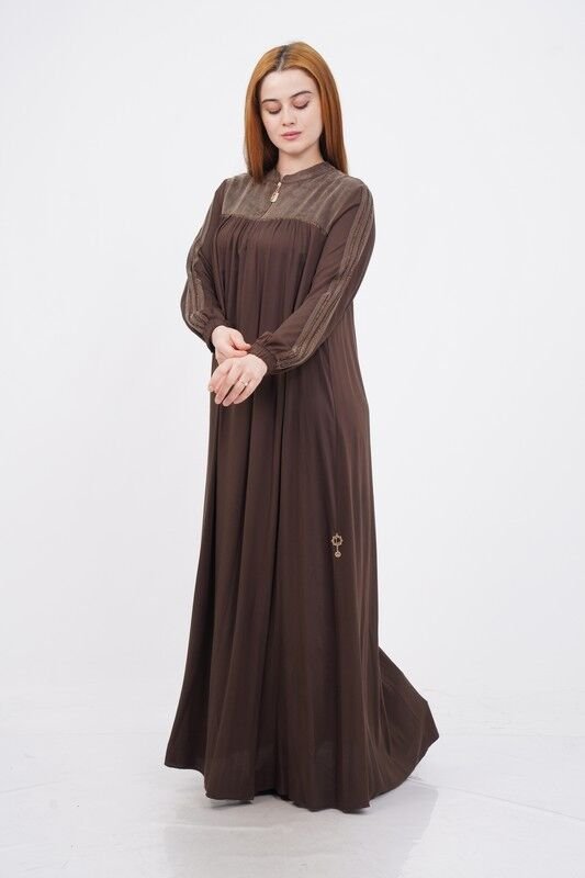 Fermuar Detaylı Tesettür Elbise Kahve - 40-48