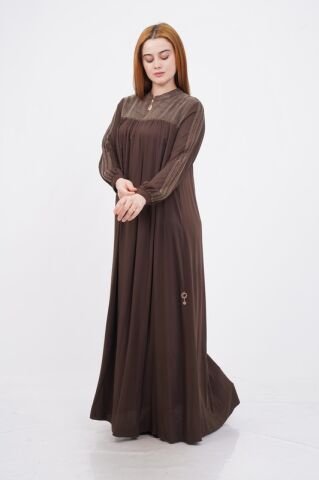 Fermuar Detaylı Tesettür Elbise Kahve - 40-48