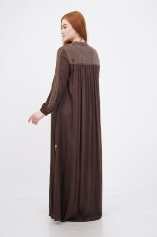 Fermuar Detaylı Tesettür Elbise Kahve - 40-48