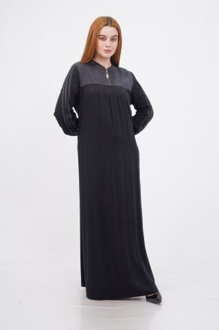 Fermuar Detaylı Tesettür Elbise Siyah - 40-48