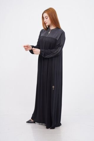 Fermuar Detaylı Tesettür Elbise Siyah - 40-48