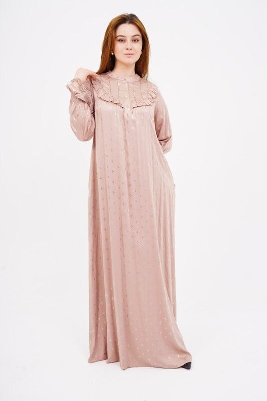 Dökümlü Fırfır Detay Tesettür Elbise 40-48 - Bej