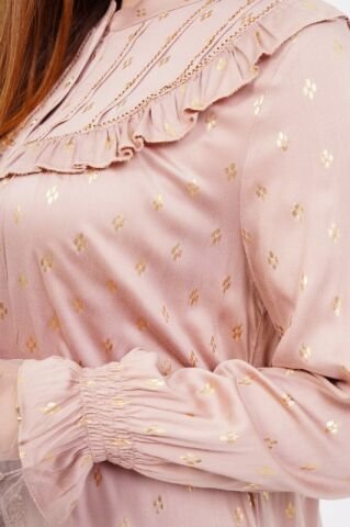 Dökümlü Fırfır Detay Tesettür Elbise 40-48 - Bej