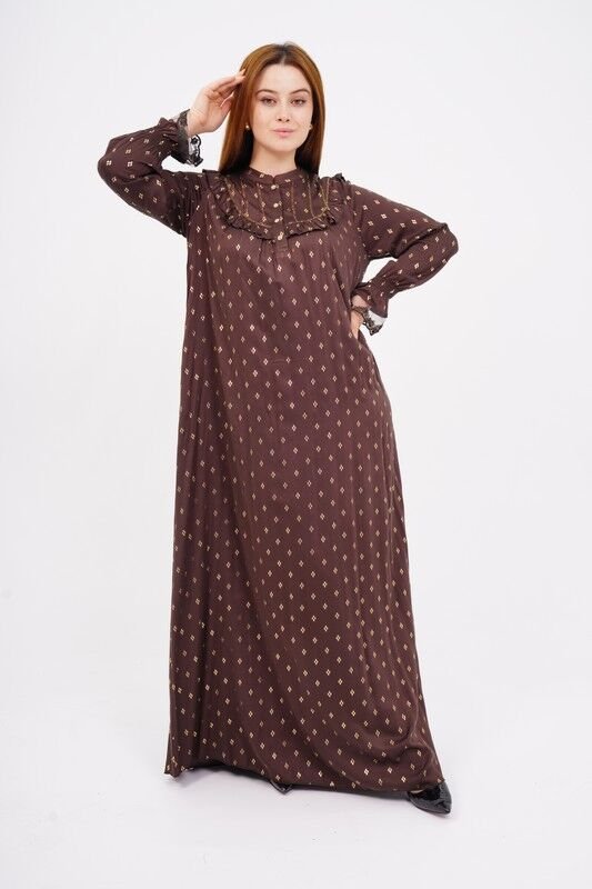 Dökümlü Fırfır Detay Tesettür Elbise 40-48 - Kahve