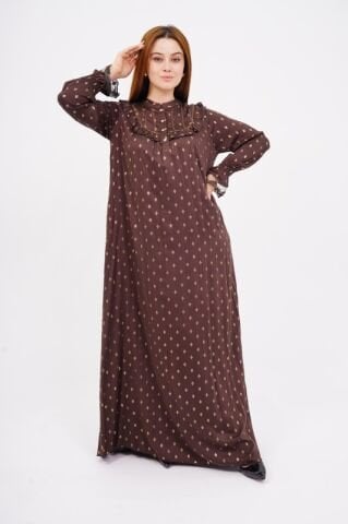 Dökümlü Fırfır Detay Tesettür Elbise 40-48 - Kahve