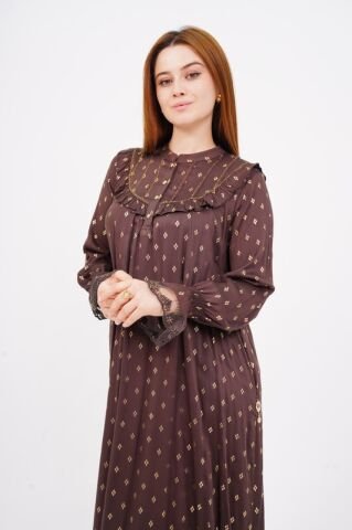 Dökümlü Fırfır Detay Tesettür Elbise 40-48 - Kahve