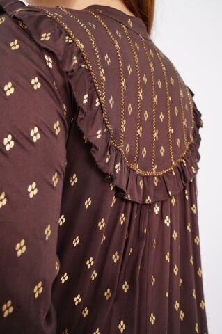 Dökümlü Fırfır Detay Tesettür Elbise 40-48 - Kahve