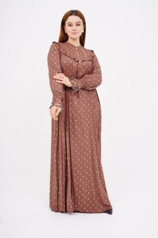 Dökümlü Fırfır Detay Tesettür Elbise 40-48 - Koyu Kahve