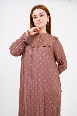 Dökümlü Fırfır Detay Tesettür Elbise 40-48 - Koyu Kahve