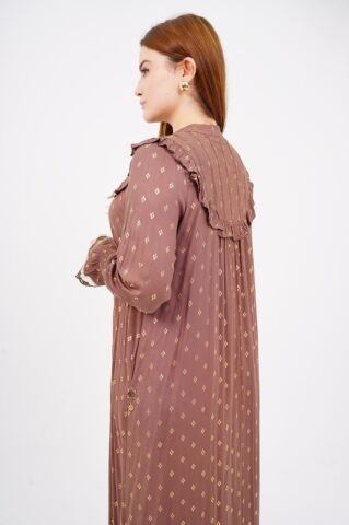 Dökümlü Fırfır Detay Tesettür Elbise 40-48 - Koyu Kahve