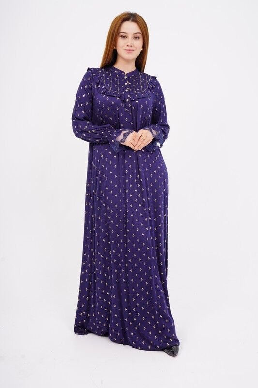 Dökümlü Fırfır Detay Tesettür Elbise 40-48 - Lacivert