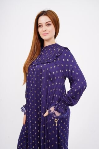 Dökümlü Fırfır Detay Tesettür Elbise 40-48 - Lacivert