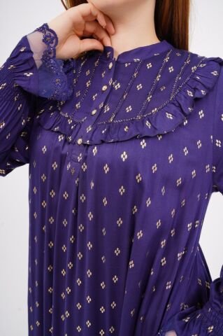 Dökümlü Fırfır Detay Tesettür Elbise 40-48 - Lacivert