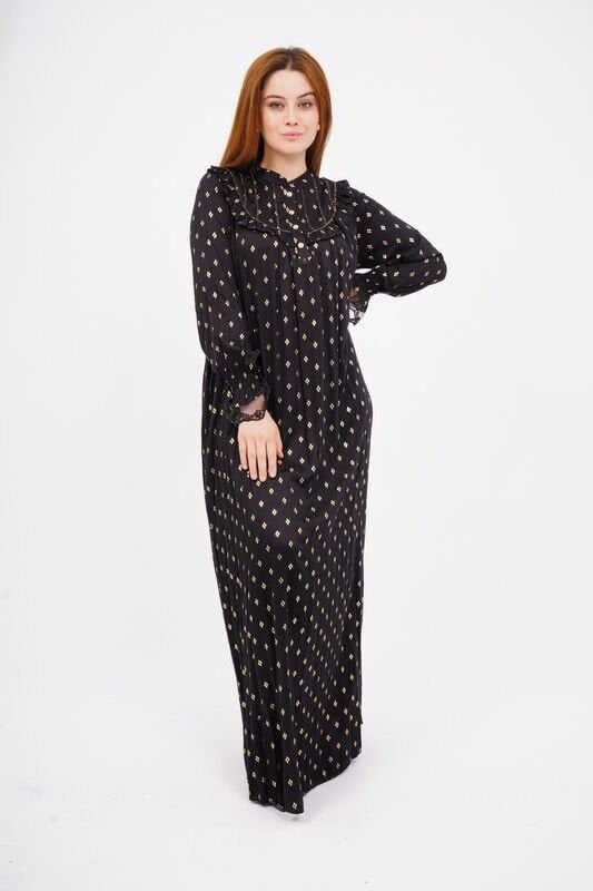 Dökümlü Fırfır Detay Tesettür Elbise 40-48 - Siyah