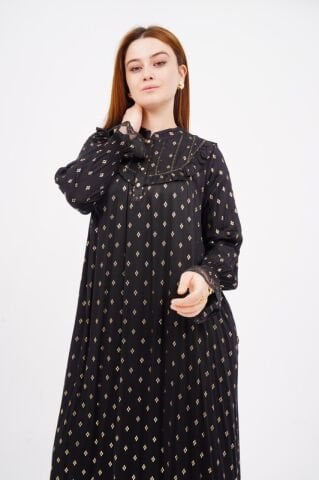 Dökümlü Fırfır Detay Tesettür Elbise 40-48 - Siyah