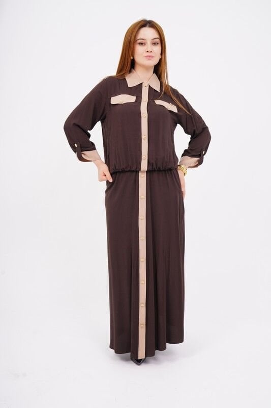 Düğme Detay Tesettür Bluz Etek Takım Kahve Bej - 40-48