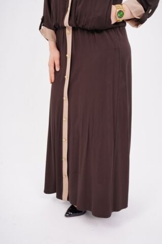 Düğme Detay Tesettür Bluz Etek Takım Kahve Bej - 40-48