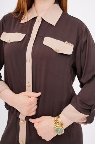 Düğme Detay Tesettür Bluz Etek Takım Kahve Bej - 40-48