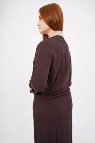 Düğme Detay Tesettür Bluz Etek Takım Kahve Bej - 40-48