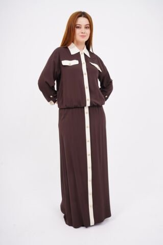 Düğme Detay Tesettür Bluz Etek Takım Kahve Kemik - 40-48