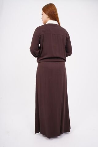 Düğme Detay Tesettür Bluz Etek Takım Kahve Kemik - 40-48