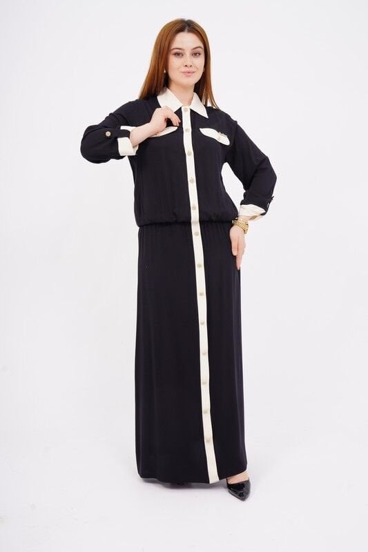 Düğme Detay Tesettür Bluz Etek Takım Siyah Kemik - 40-48