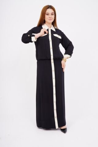 Düğme Detay Tesettür Bluz Etek Takım Siyah Kemik - 40-48