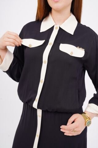 Düğme Detay Tesettür Bluz Etek Takım Siyah Kemik - 40-48