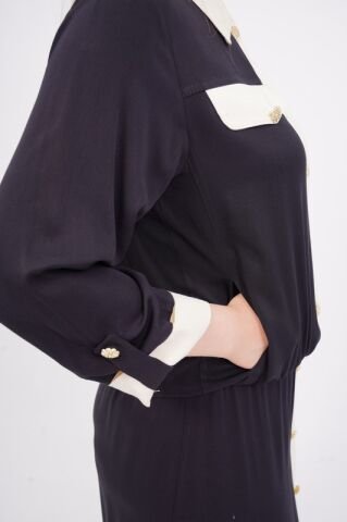 Düğme Detay Tesettür Bluz Etek Takım Siyah Kemik - 40-48