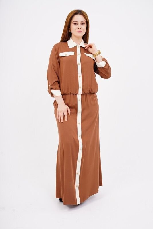Düğme Detay Tesettür Bluz Etek Takım Camel Kemik - 40-48