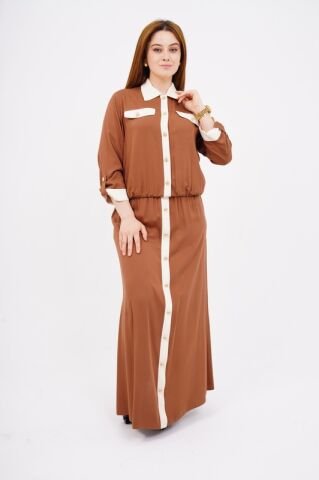 Düğme Detay Tesettür Bluz Etek Takım Camel Kemik - 40-48