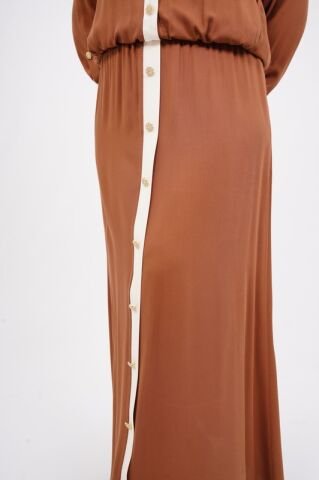 Düğme Detay Tesettür Bluz Etek Takım Camel Kemik - 40-48